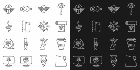 Set line Map of Egypt, Egyptian vase, Eye Horus on papyrus scroll, symbol Winged sun, Papyrus, Snake, Scarab and Sun icon. Vector