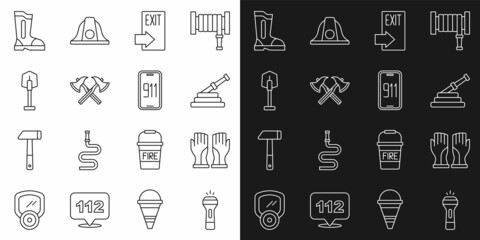 Set line Flashlight, Firefighter gloves, hose reel, exit, axe, shovel, boots and Mobile emergency call 911 icon. Vector