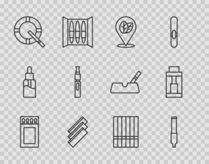 Set line Matchbox and matches, Cigarette, Tobacco leaf, rolling papers, Ashtray with cigarette, Electronic, and Vape mod device icon. Vector