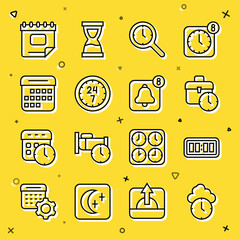 Set line Clock, Digital alarm clock, Work time, Magnifying glass with, 24 hours, Calendar, and Alarm app mobile icon. Vector