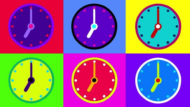 Cartoon counter six clocks 12 hours multi color pulsing version hand drawn animation. Simple crazy doodle very useful animation for illustrating time of any process. Seamless loop, greenbox.