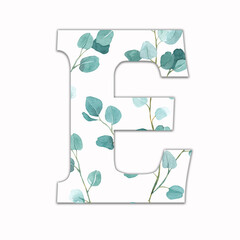 Capital letter E decorated with green leaves. Letter of the English alphabet with floral decoration. Green foliage.
