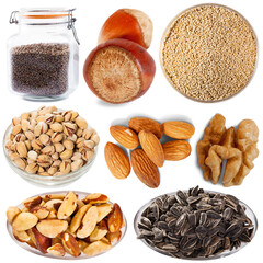 Collage of different bulk food, nuts and dried fruits isolated on white background