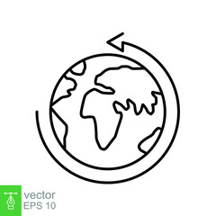 Earth globe icon. Simple outline style. Around planet with arrow. Thin line symbol. Vector illustration isolated on white background. EPS 10.