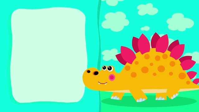 Cartoon character stegosaur dinosaur yellow prehistoric  animal walking loop animation for titles. Good for fairy tales, illustration, etc... Cute intro frame included, seamless loop. 