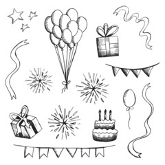 holiday birthday set sketch hand drawing vector