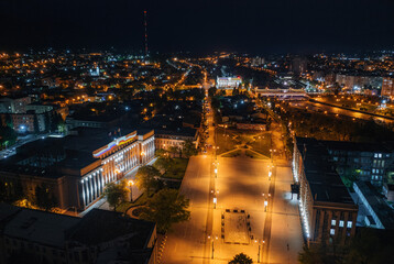 Vladikavkaz, capital of North Ossetia. Historical downtown from drone at night