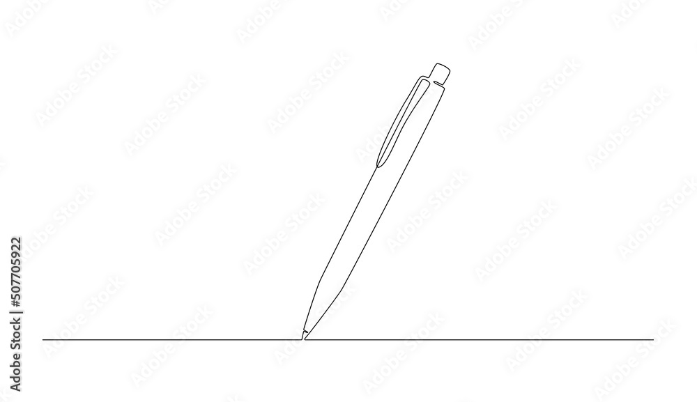 Aufkleber One continuous line drawing of pen writing thin stroke. Pencil symbol of study and education concept in simple linear style. Contour silhouette icon. Doodle vector illustration