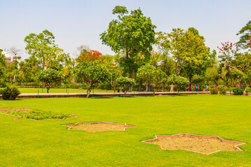 Taj Mahal panorama in Agra India with amazing symmetrical gardens.