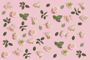 Creative pattern of pink roses spontaneously arranged with a green rose leaf on a pink background. minimal summer spring flowers composition.