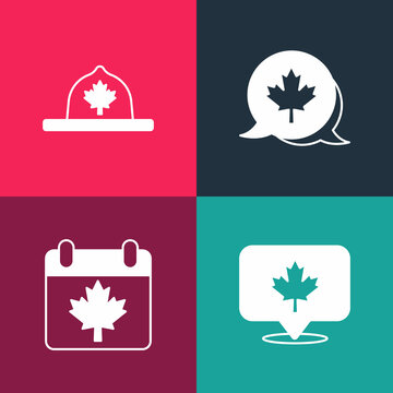 Set pop art Canadian maple leaf, Canada day with, and ranger hat icon. Vector