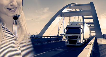 Trucking dispatcher concept, Long haul truck on the bridge and positive woman with headset in split...
