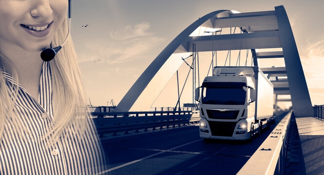 Trucking dispatcher concept, Long haul truck on the bridge and positive woman with headset in split screen 
