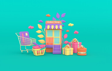 Illustration of shopping cart, basket, present box, credit card, clouds, smartphone.  Online shopping concept. 3d render