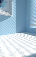 Fototapeta premium 3d rendering of the room corner and window with blinds, shadow. Kitchen or bathroom interior mock up for product presentation