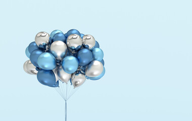 A bunch of glossy blue balloons. Empty space for birthday, party, promotion social media banners, posters. 3d render balloons background © Meranna