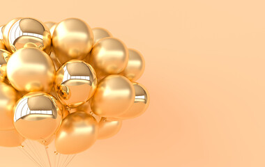 A bunch of glossy golden balloons. Empty space for birthday, party, promotion social media banners, posters. 3d render balloons background © Meranna