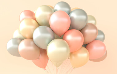 Fototapeta na wymiar A bunch of pastel colored balloons on beige background. Empty space for birthday, party, promotion social media banners, posters. 3d render balloons