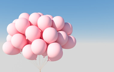 A bunch of pinkl balloons and sky. Empty space for birthday, party, promotion social media banners, posters. 3d render balloons background