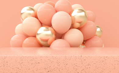 Podiums for product presentation with bunch of balloons 3d rendering