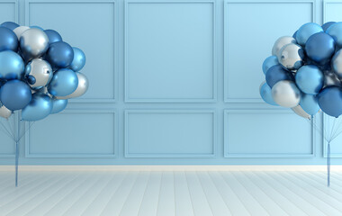 Classic interior walls with bunch of balloons. Walls with mouldings panels, wooden floor, classic cornice. Floor parquet. 3d rendering digital interior mock up Illustration. Blue and white colors © Meranna