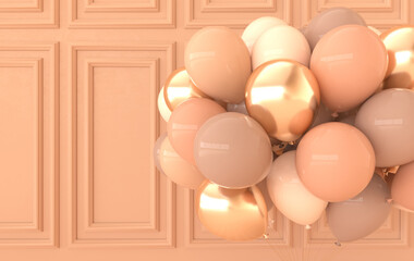 Classic interior walls with bunch of balloons. Walls with mouldings panels, wooden floor, classic cornice. 3d rendering  party interior mock up Illustration. Beige and golden colors © Meranna