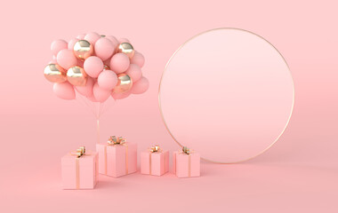 3d render illustration of realistic balloons, present box and frame for text, pink, golden colored background. Empty space for party, promotion social media banners, posters. © Meranna