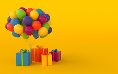 3d render illustration of realistic colorful balloons and gift box with bow. background. Empty space for party, promotion social media banners, posters.