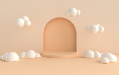 Wall scene with arch, podium, clouds. 3D rendering interior. Platform for product presentation, mock up background. © Meranna