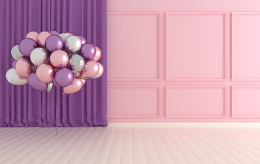 Interior walls with bunch of balloons and curtains. Walls with ornated mouldings panels and wooden floor, classic cornice. 3d rendering interior mock up. Pink and purple colors © Meranna