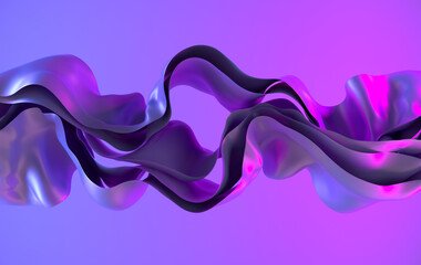 Paper or cotton fabric 3d rendering background with waves and curves. Dynamic wallpaper with neon lights