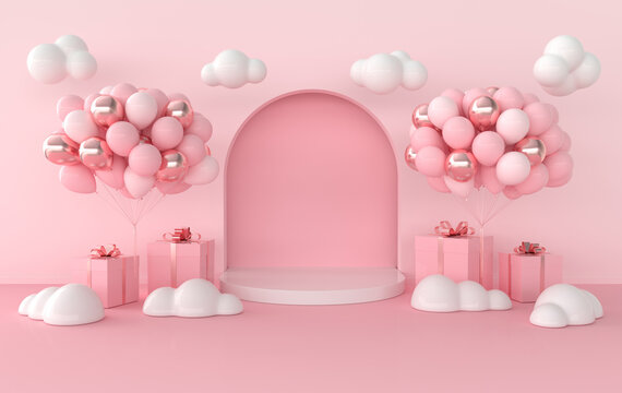 Wall scene with arch, balloons, present box, podium, clouds. 3D rendering interior. Platform for product presentation, mock up background.