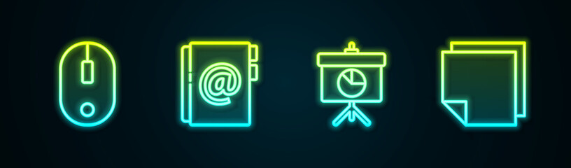 Set line Computer mouse, Address book, Chalkboard with diagram and Post note stickers. Glowing neon icon. Vector