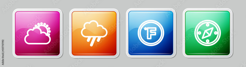 Canvas Prints Set line Sun and cloud weather, Cloud with rain, Fahrenheit and Compass. Colorful square button. Vector