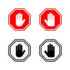 Stop icons vector. stop road sign. hand stop sign and symbol. Do not enter stop red sign with hand