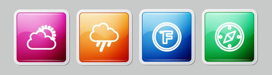 Set line Sun and cloud weather, Cloud with rain, Fahrenheit and Compass. Colorful square button. Vector