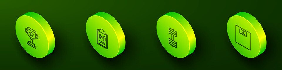 Set Isometric line Award cup, Sport training program, Dumbbell and Bathroom scales icon. Vector