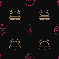 Set line Human skull, Viking in horned helmet and Dagger on seamless pattern. Vector