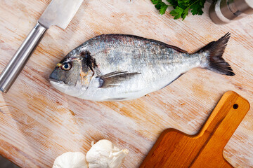 Raw whole dorado fish with garlic and greens on wooden desk