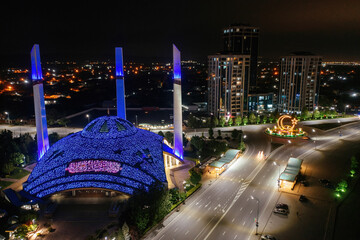Aerial view of the mosque Heart of the mother in the city of Argun, Chechnya at night
