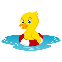 Cute baby little duck cartoon swimming on inflatable ring