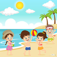Children playing beach ball at tropical beach