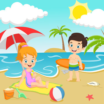 Cartoon children at tropical beach
