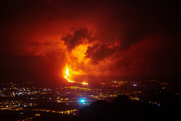 Night view on active Volcano Cumbre Viejo on La Palma Island (‎24.09.2021)