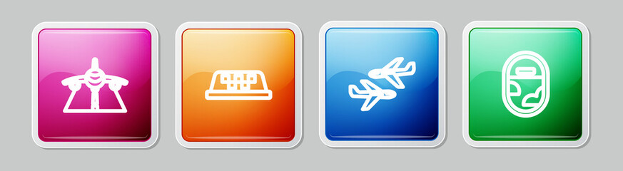 Set line Plane, Taxi car roof, and Airplane window. Colorful square button. Vector