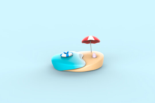海とパラソルの夏イメージ　Summer concept of sea and beach umbrella, 3d rendering.