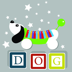 Children s toy in the form of a white dog with black eyes and a back of different colors. 
