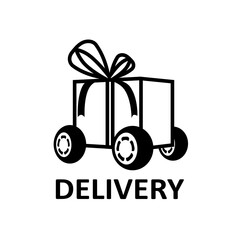Gift box on wheels. Illustration over word Delivery on white background