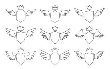 Shield wing crown heraldic emblem black line set. Elegant military emblem protection security blanck. Award high quality royal dynasty coat of arms. Heraldry retro banner medieval isolated
