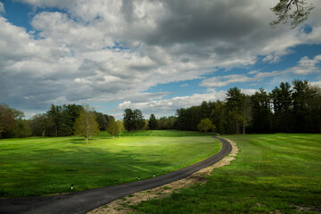A path among the green fields of a golf club.